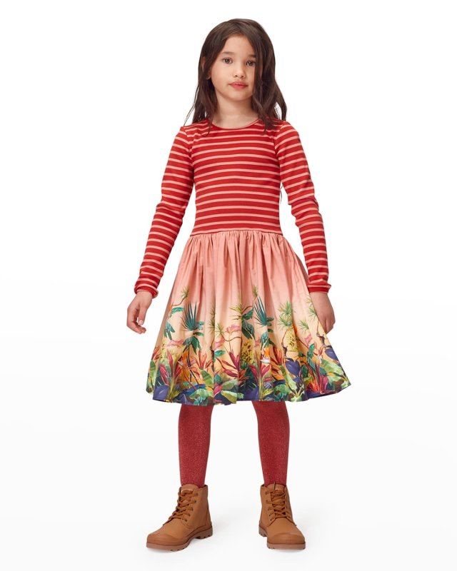 Girl's Casie Combo Dress with Jungle-Print Skirt, Size 7-12